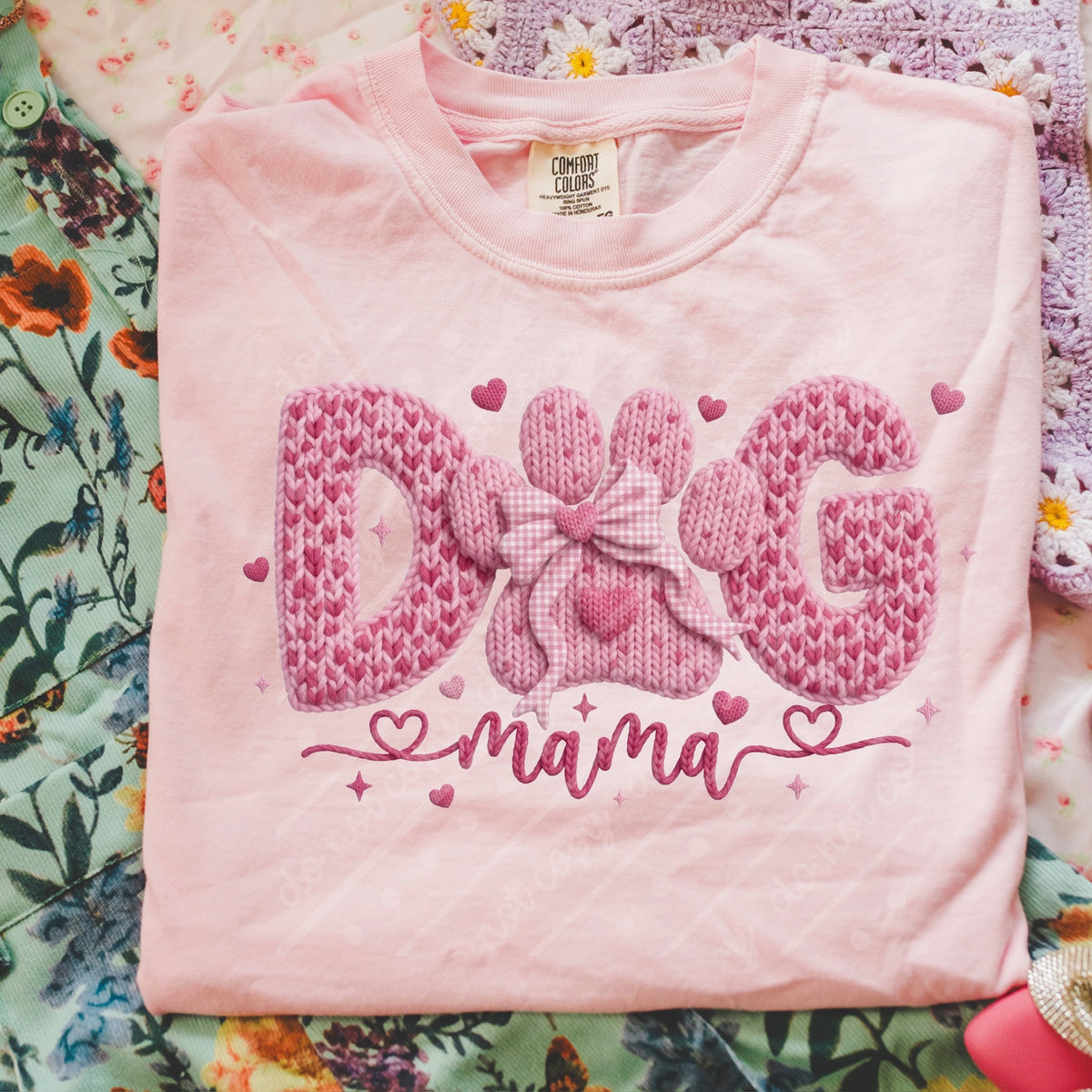 Dog mama pink faux crochet DTF Transfer