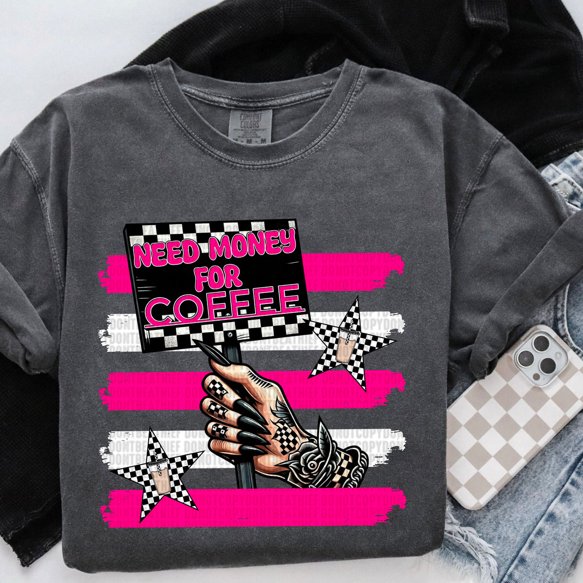 Need money for coffee pink and white stripes 90323 DTF transfer
