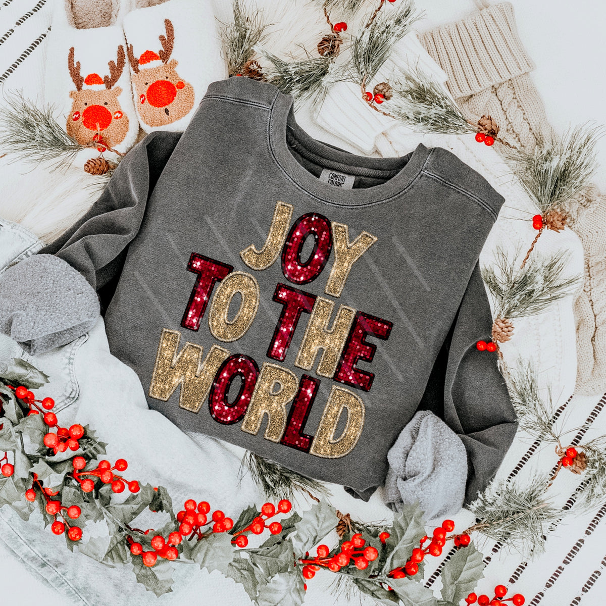 Joy To The World Faux Sequins RED AND LIGHT GOLD 111631 DTF transfer