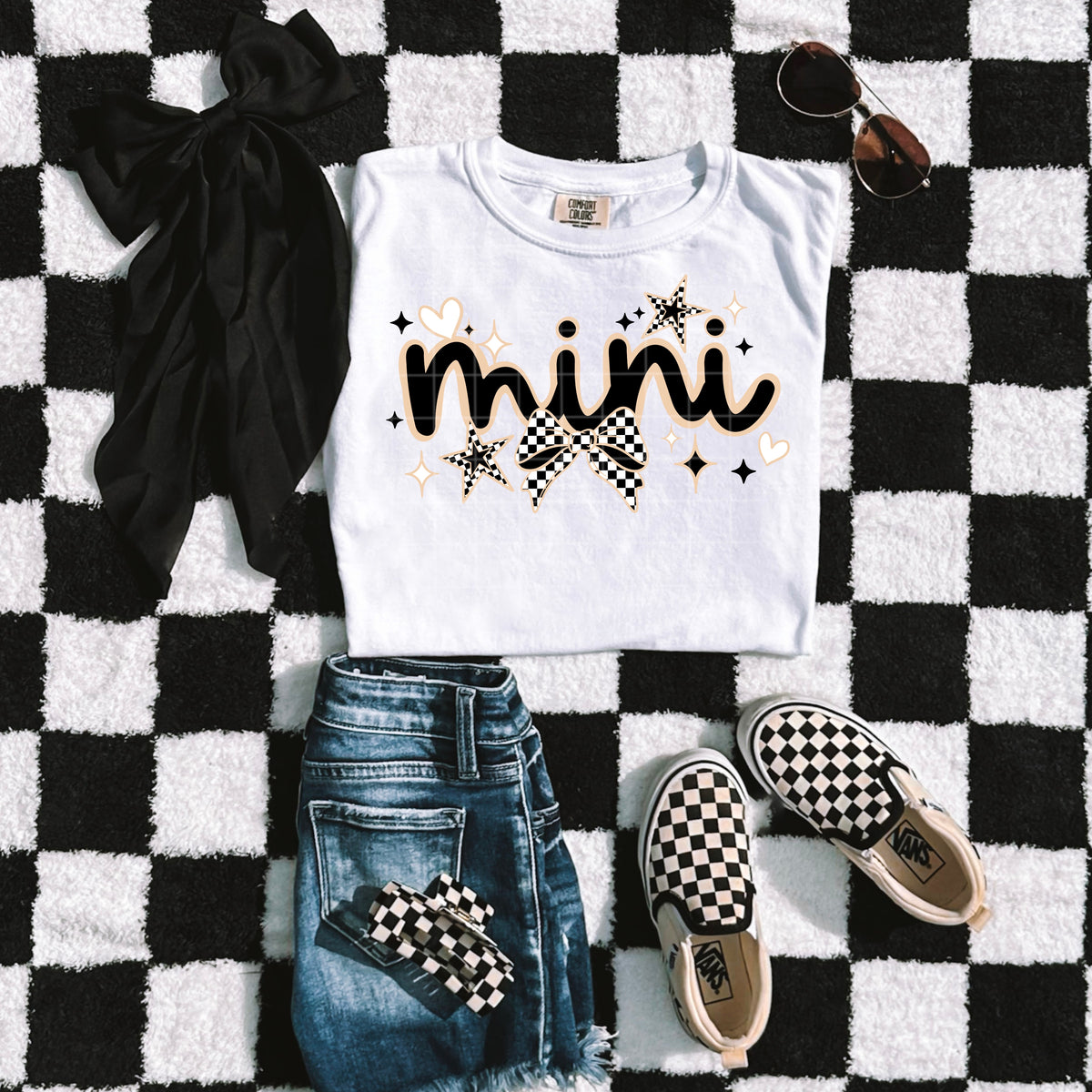 Mini with stars and checker bow (csc) DTF transfer