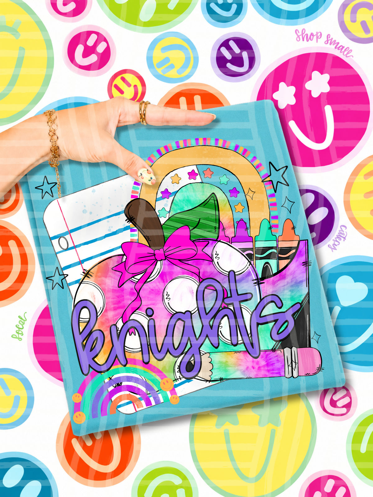 knights tie dye apple with white dots and school stuff (CAPLINGER) DTF Transfer