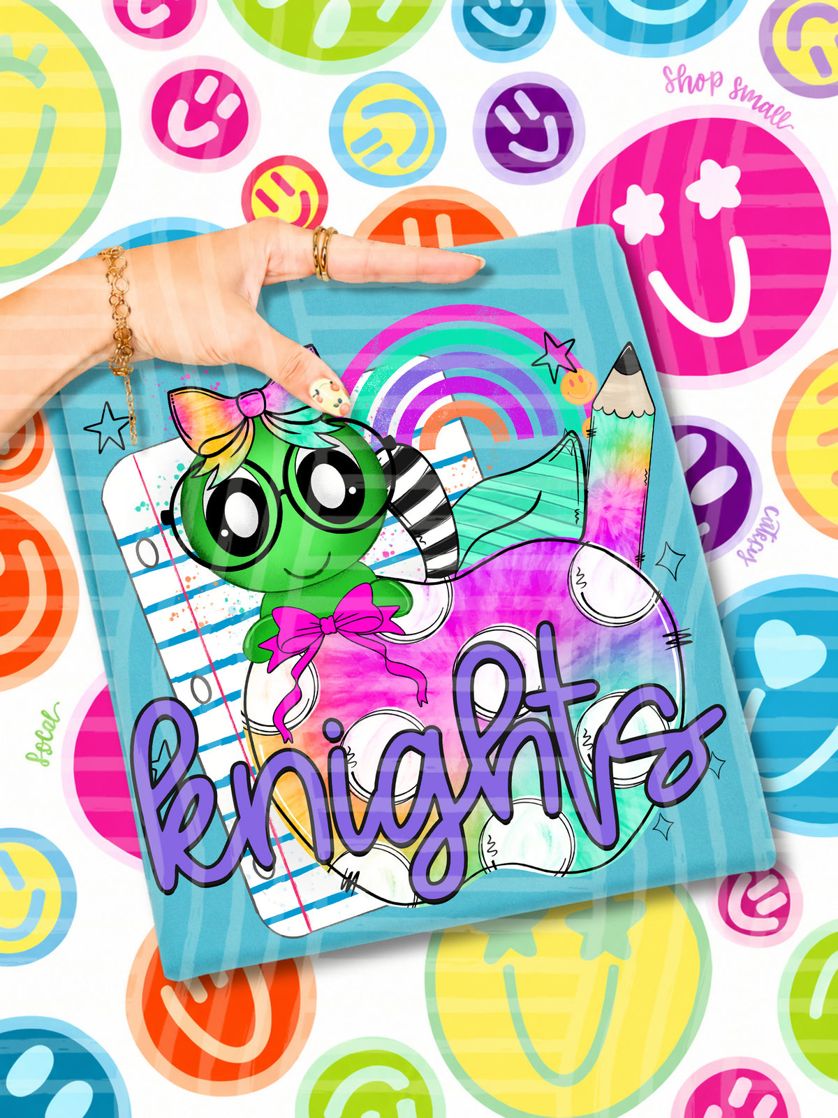 knights tie dye apple with white dots & green bug (CAPLINGER) DTF Transfer