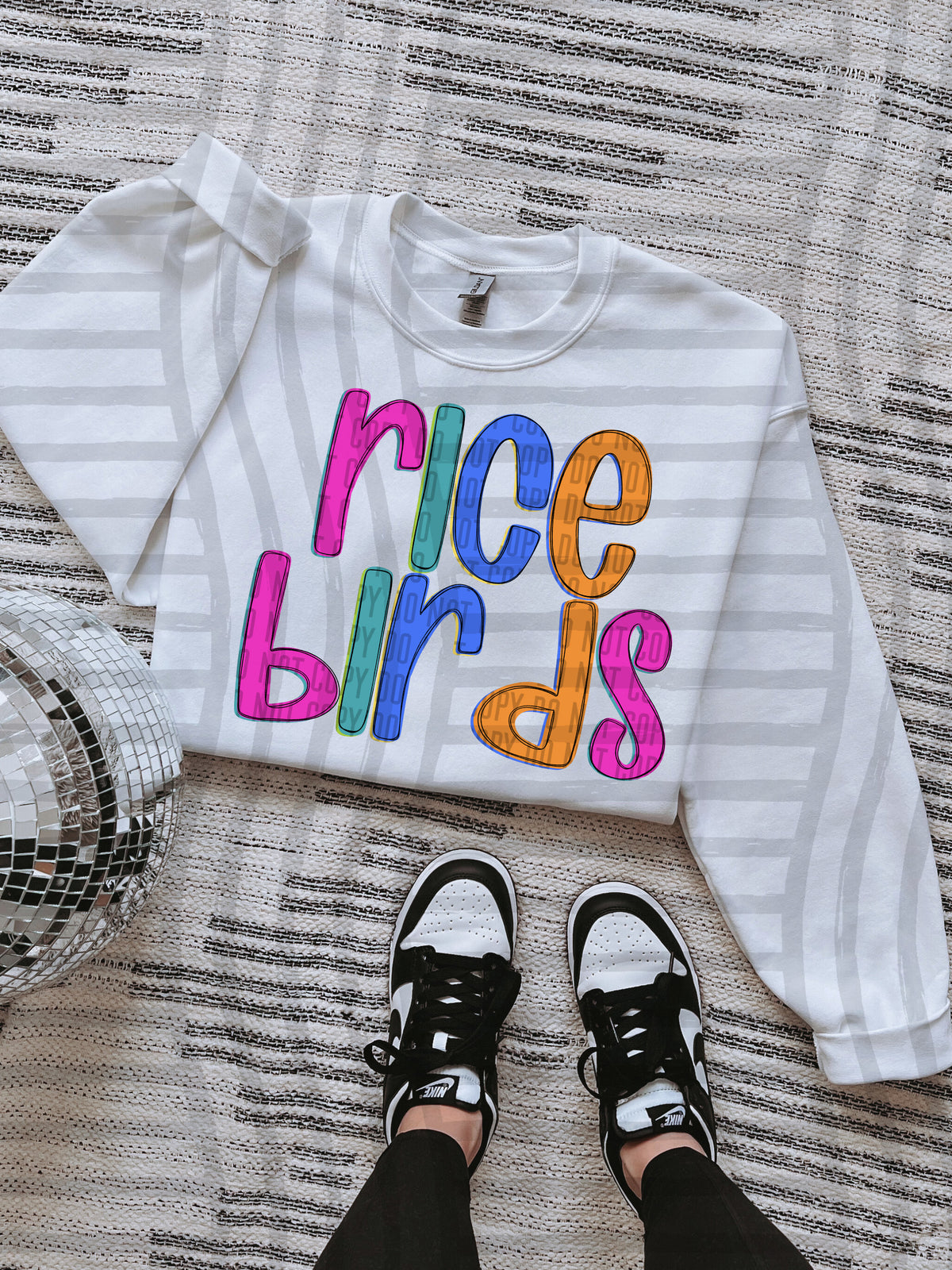 green, blue, pink and orange rice birds stacked (Caplinger) DTF Transfer