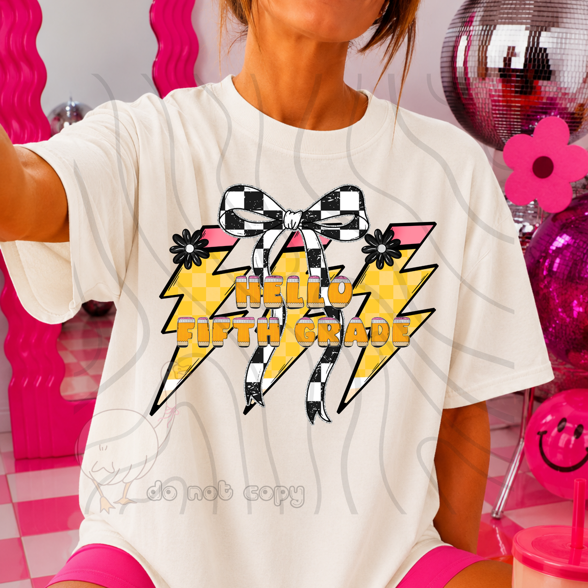 hello fifth grade 66 lightening bolt black/white bow occupation (dkdbk) DTF transfer