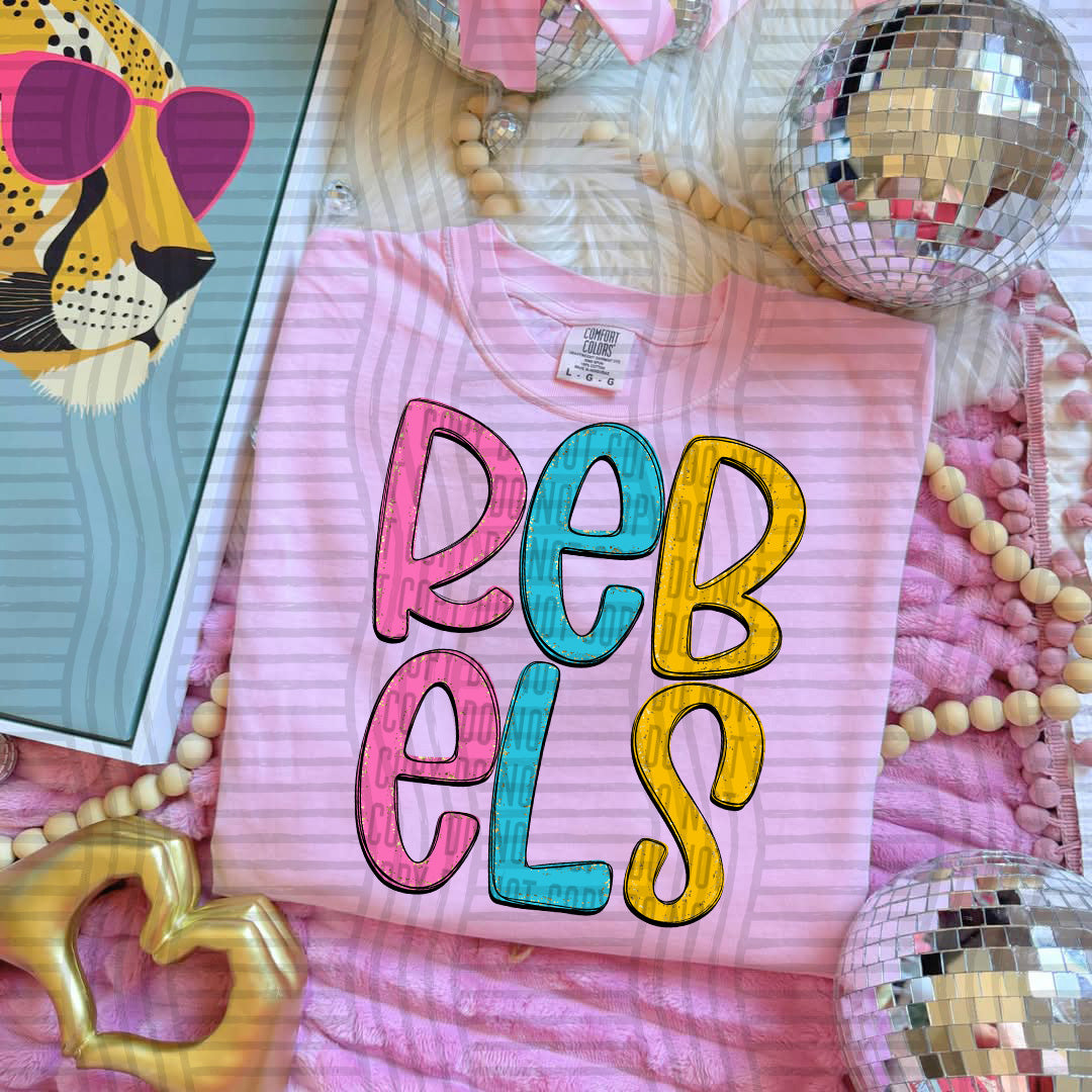 blue yellow and pink rebels stacked (Caplinger) DTF Transfer