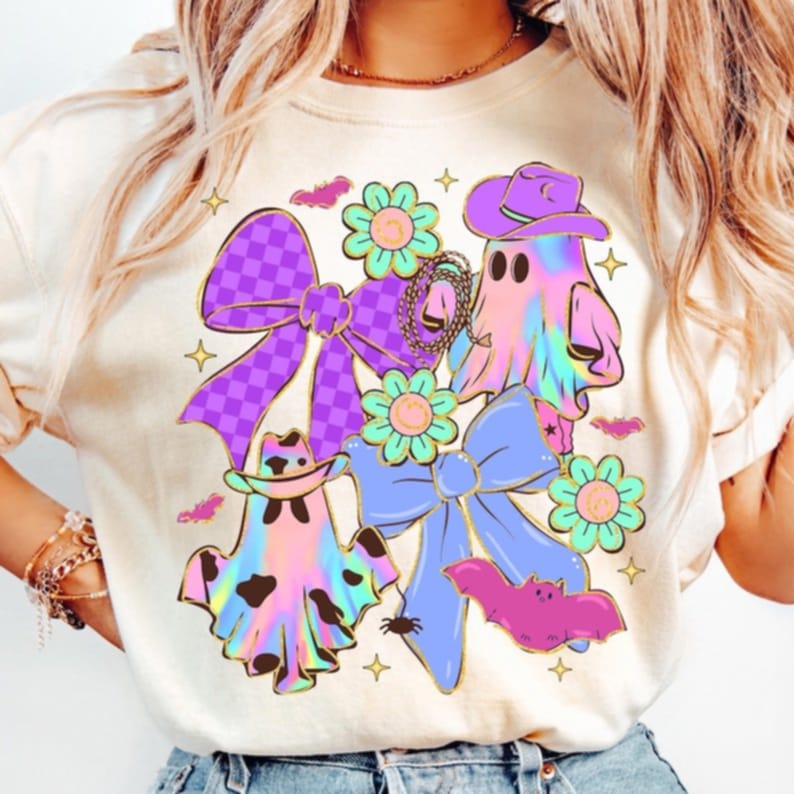 Iridescent cowboy ghosts and bows DTF transfer