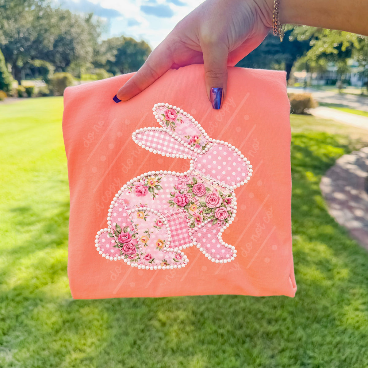 Pink patchwork rose bunny DTF transfer