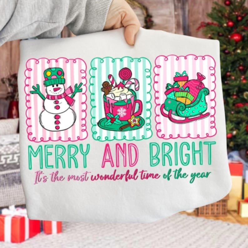 Merry and Bright swirly striped frames pink and teal DTF transfer