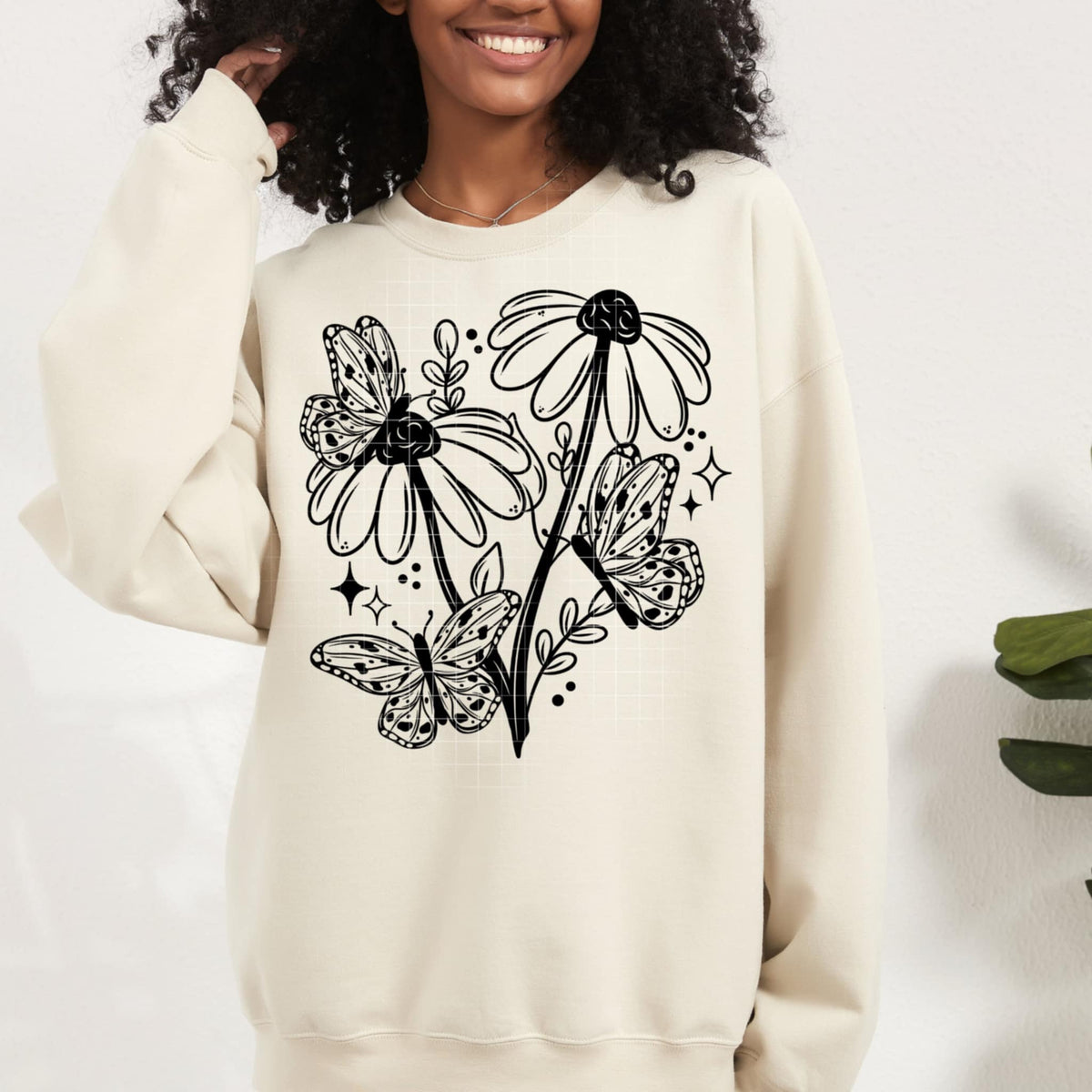 Daisies and butterflies black (CSC) 91036 DTF transfer