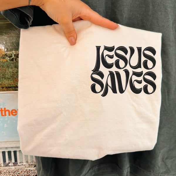 Jesus saves black font Sunday Special DTF transfer