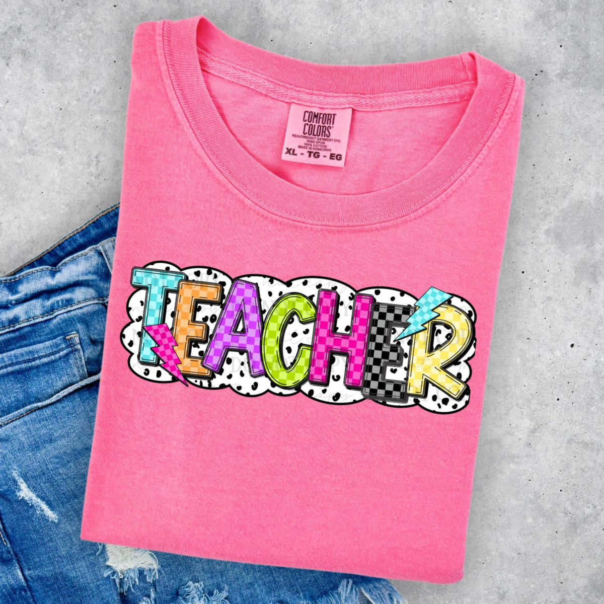 Teacher neon checker and polka dot ABD DTF transfer