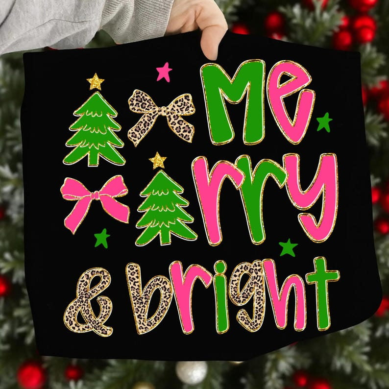 Merry and Bright pink green and leopard DTF Transfer