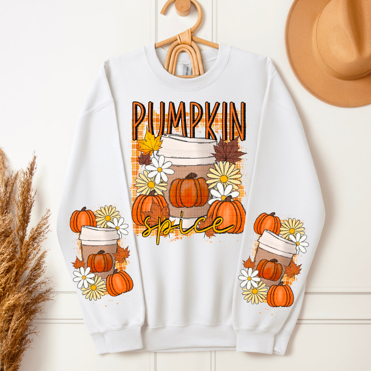 Pumpkin Spice with plaid background front only 113279 DTF transfer