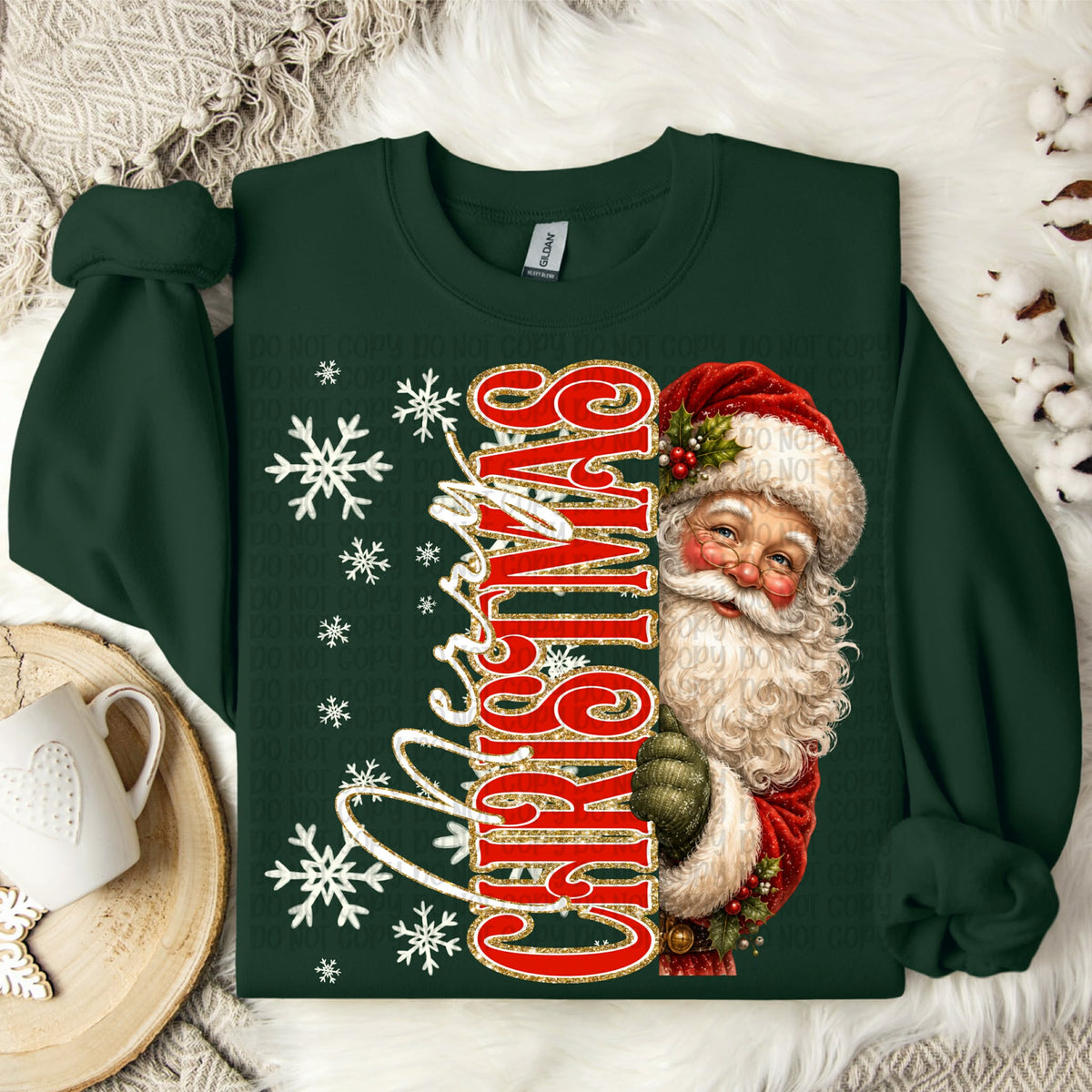 Merry Christmas peeking Santa white font  (Vp) DTF transfer