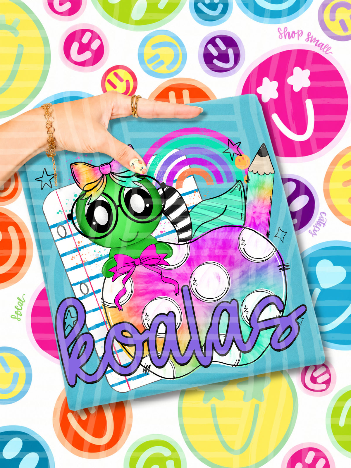 koalas tie dye apple with white dots & green bug (CAPLINGER) DTF Transfer