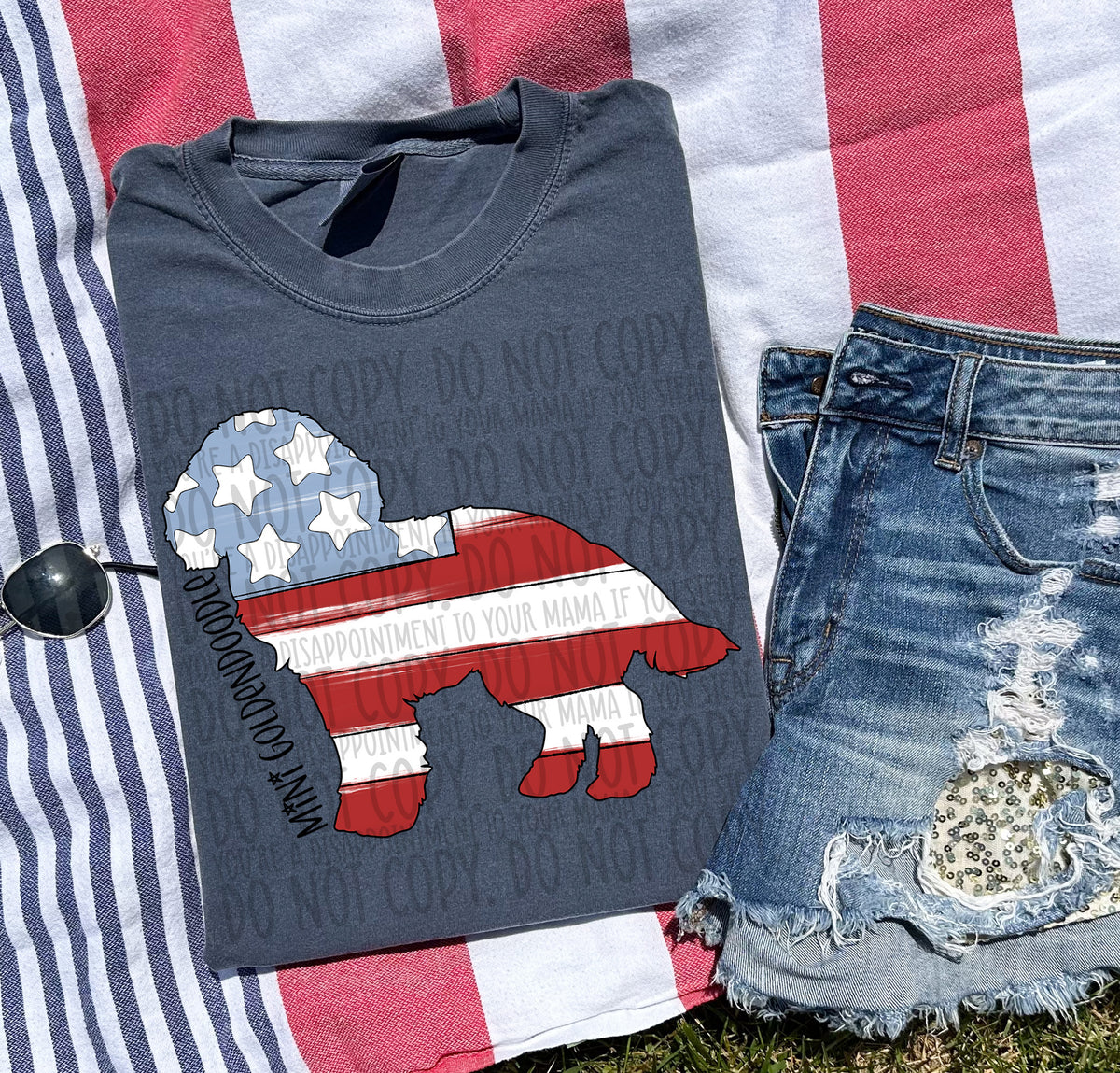 MINI GOLDENDOODLE patriotic black font (SWD) DTF transfer