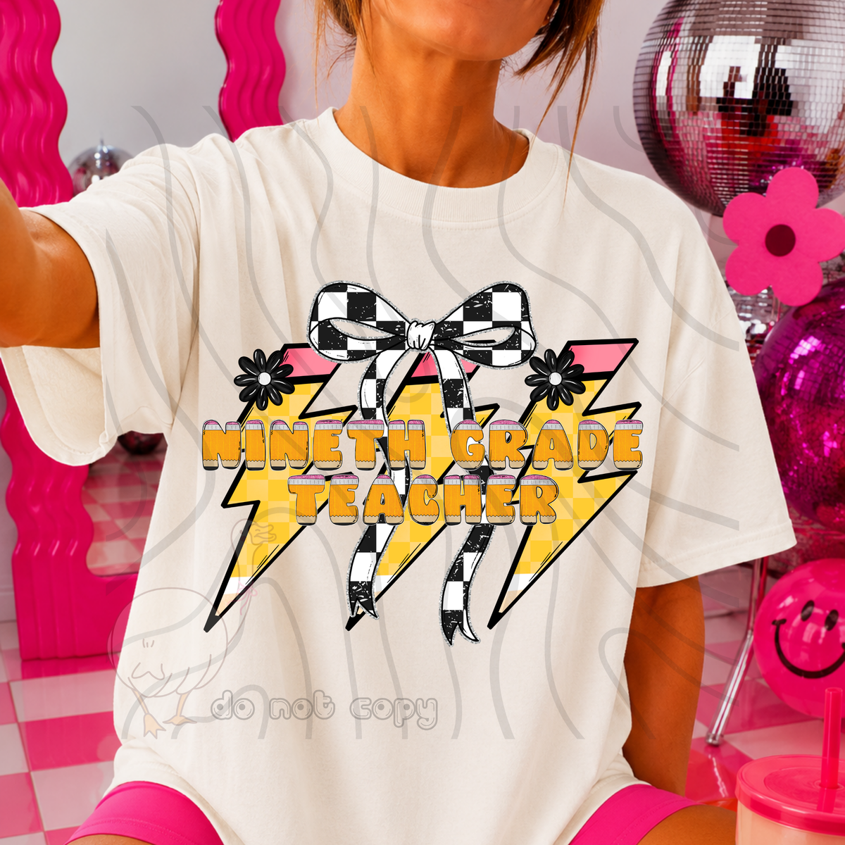 nineth grade teacher 67 lightening bolt black/white bow occupation (dkdbk) DTF transfer