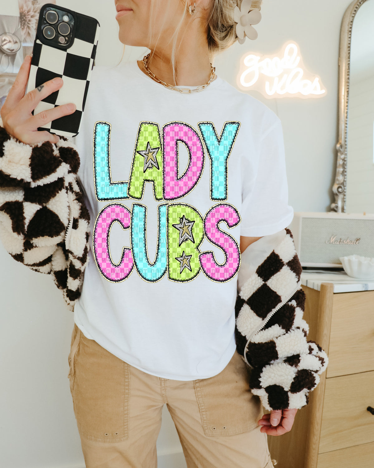 Lady Stangs Colorful Checkered (caplinger) DTF transfer