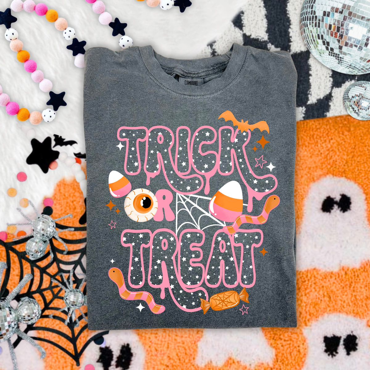 Trick or treat (pink font with white stars) (CSC) DTF Transfer