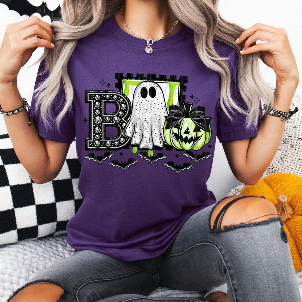 Boo ghost with green stamp and pumpkin with bats 111720 (Virgo) DTF transfer