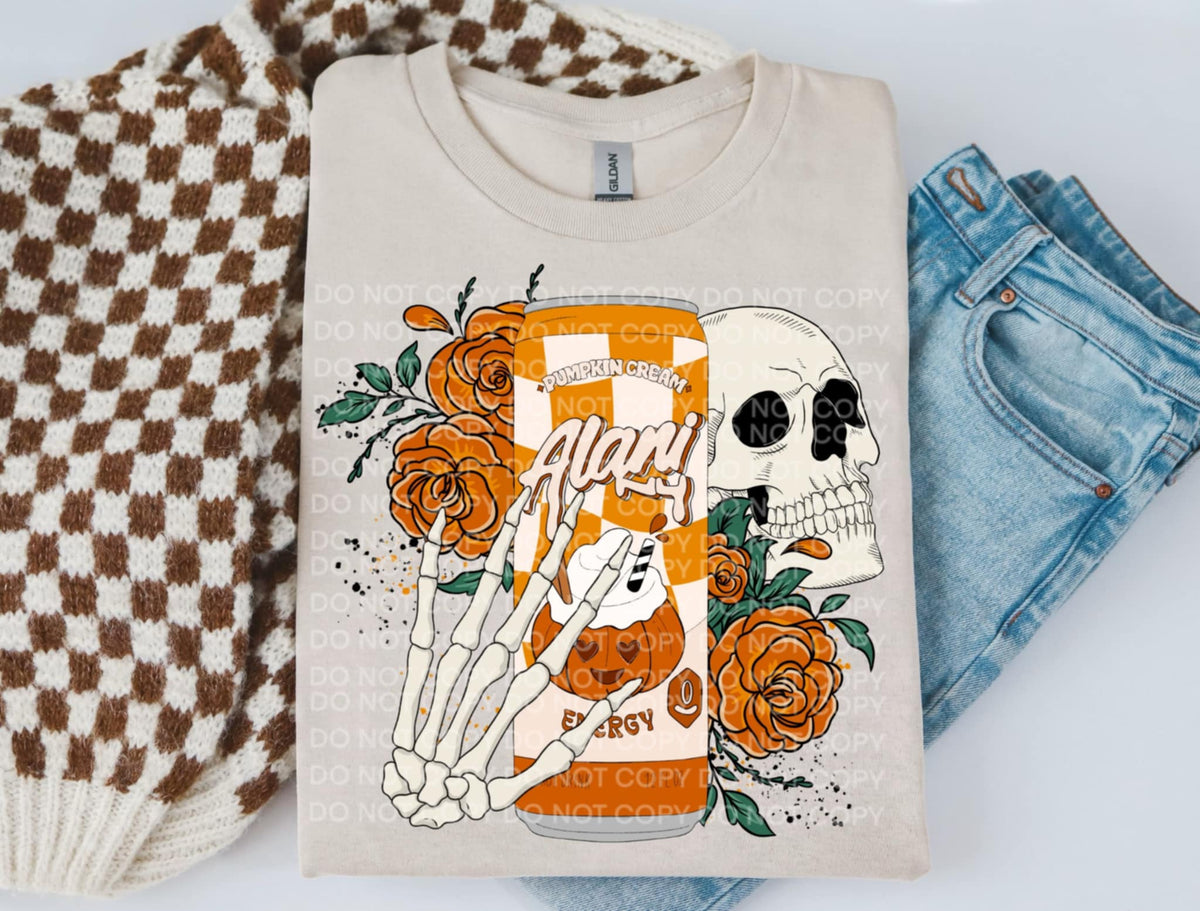 Pumpkin Cream energy drink with skull SCG DTF transfer