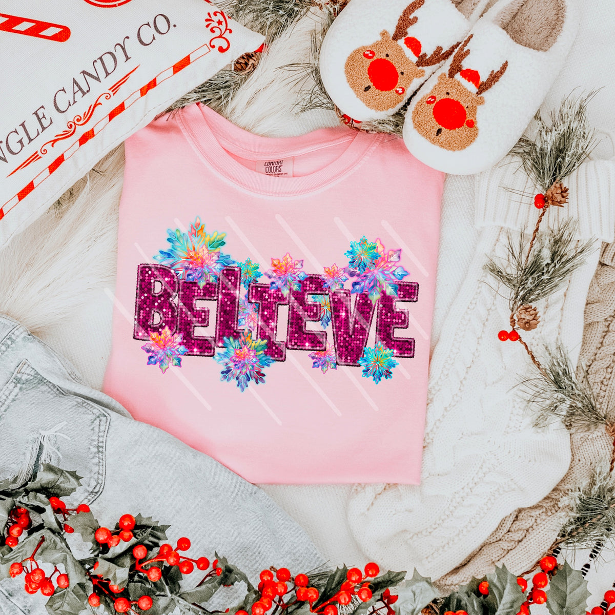 Believe BRIGHT PINK faux sequin letters and rainbow snowflakes 111626 DTF transfer