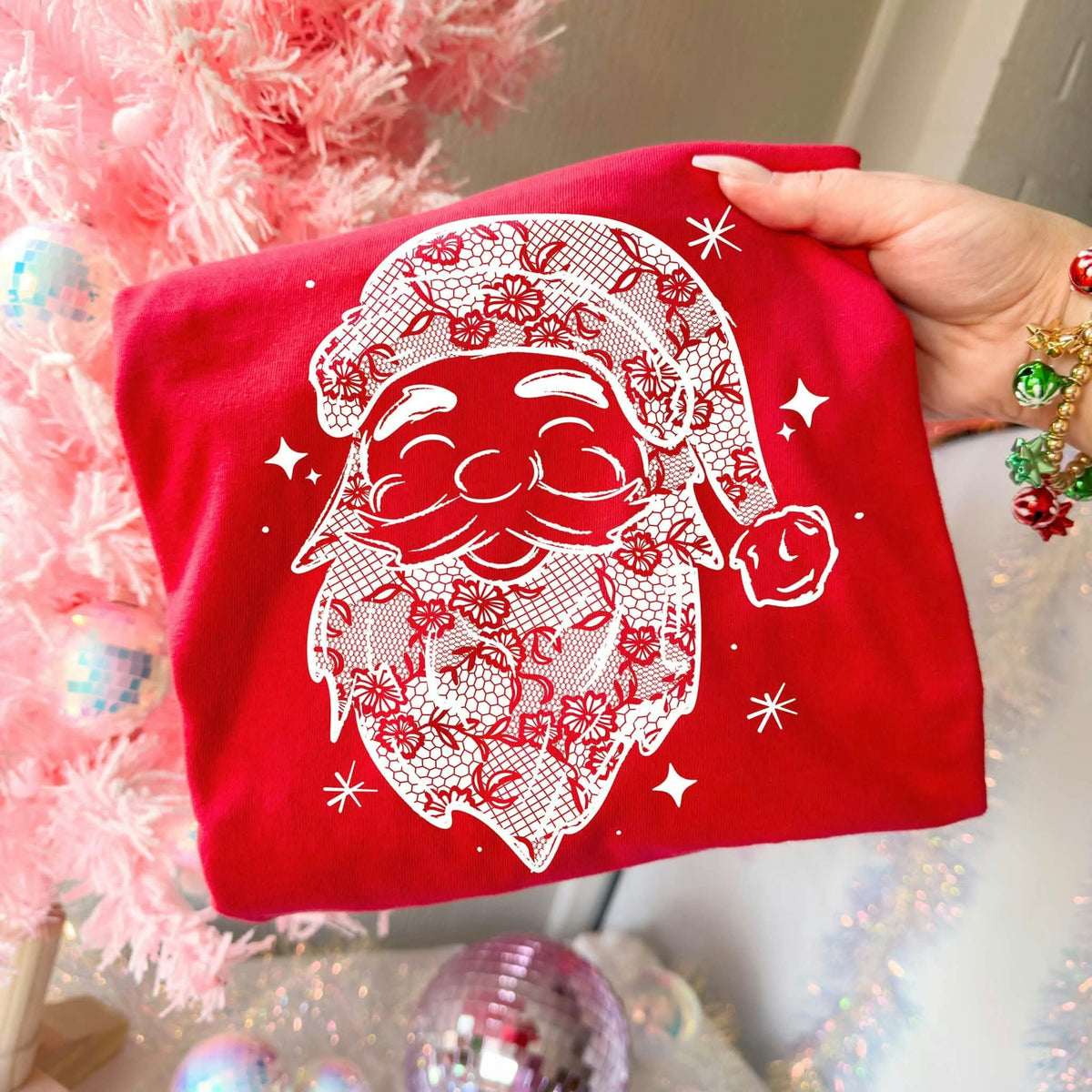White lace Santa Sunday Special DTF transfer