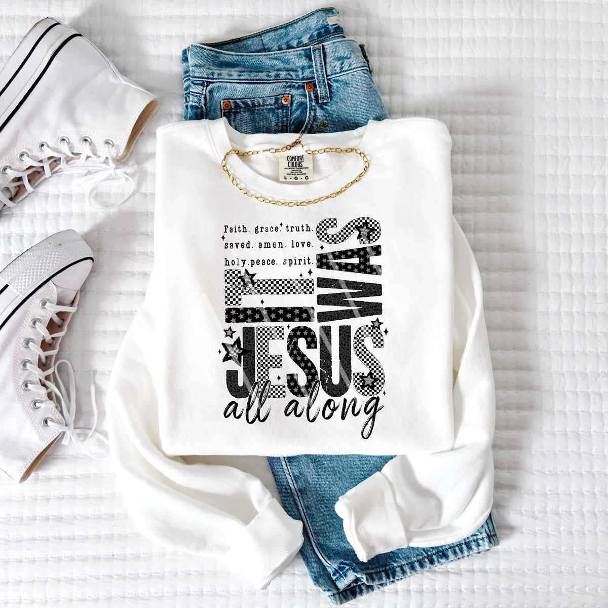 It was Jesus All Along checker and stars 113711 DTF Transfer