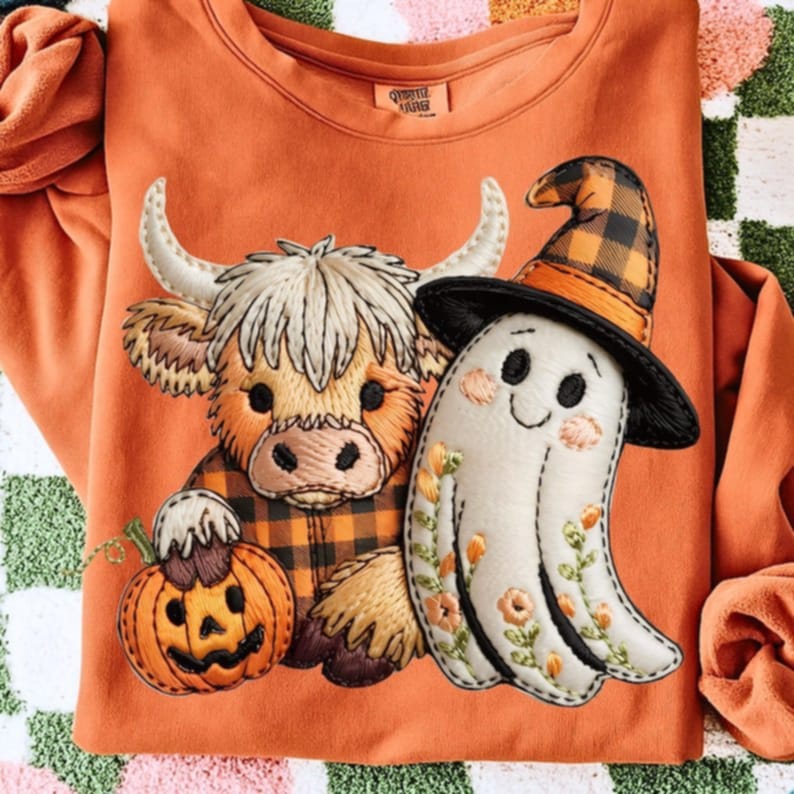 Highland Cow and ghost with witch hat DTF transfer