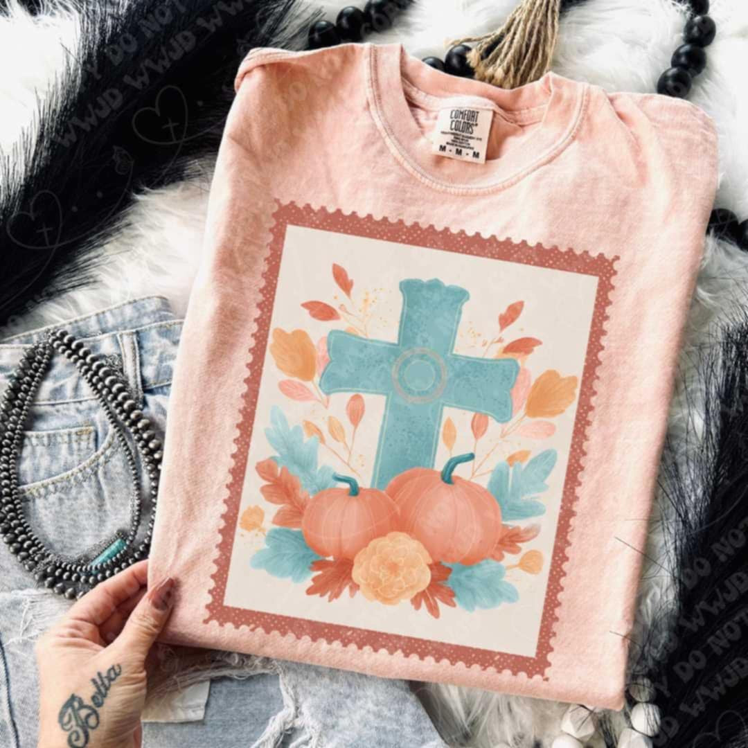 Watercolor Cross and pumpkin Stamp (Vehement) DTF transfer