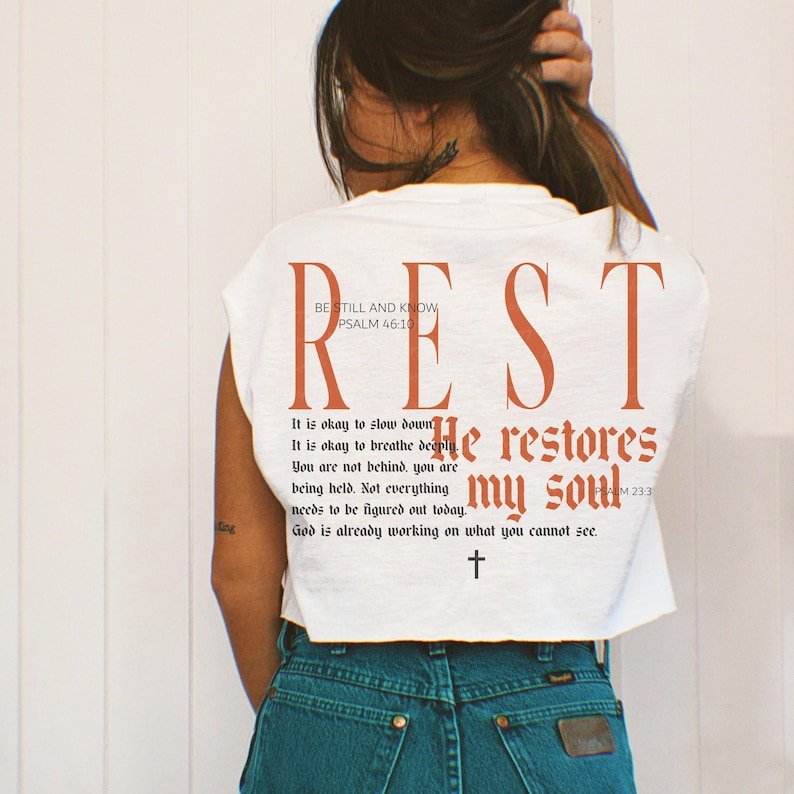 Rest he restores my soul orange font Sunday Specials DTF transfer