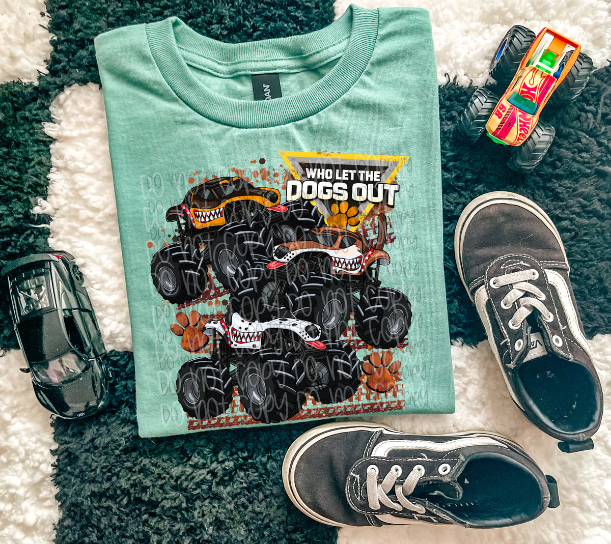 Who let the dogs out (trucks)  (SSD) DTF Transfer