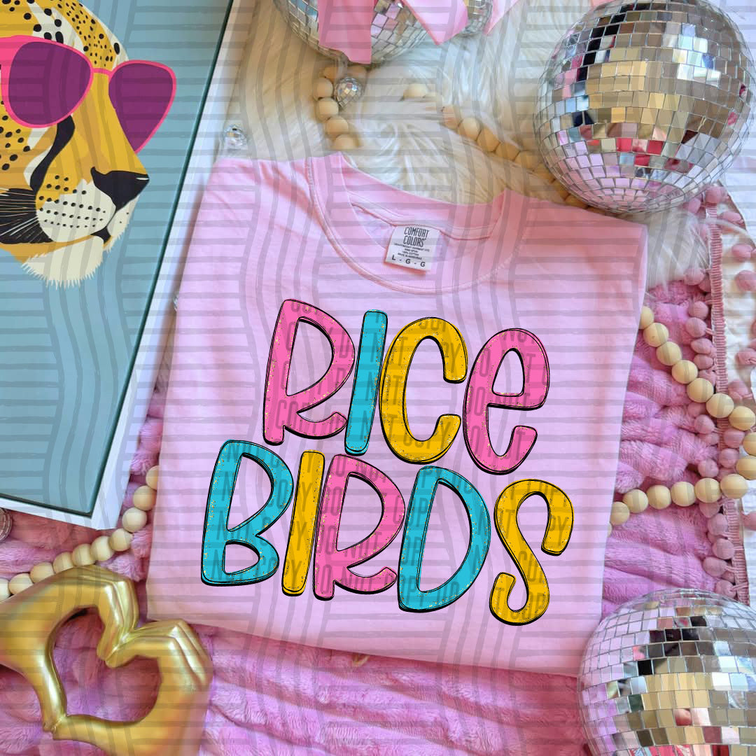 blue yellow and pink rice birds stacked (Caplinger) DTF Transfer