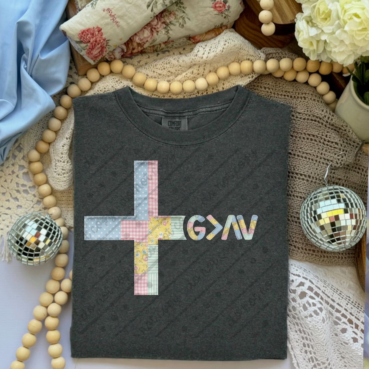 Cross God is greater pastel patchwork DTF Transfer