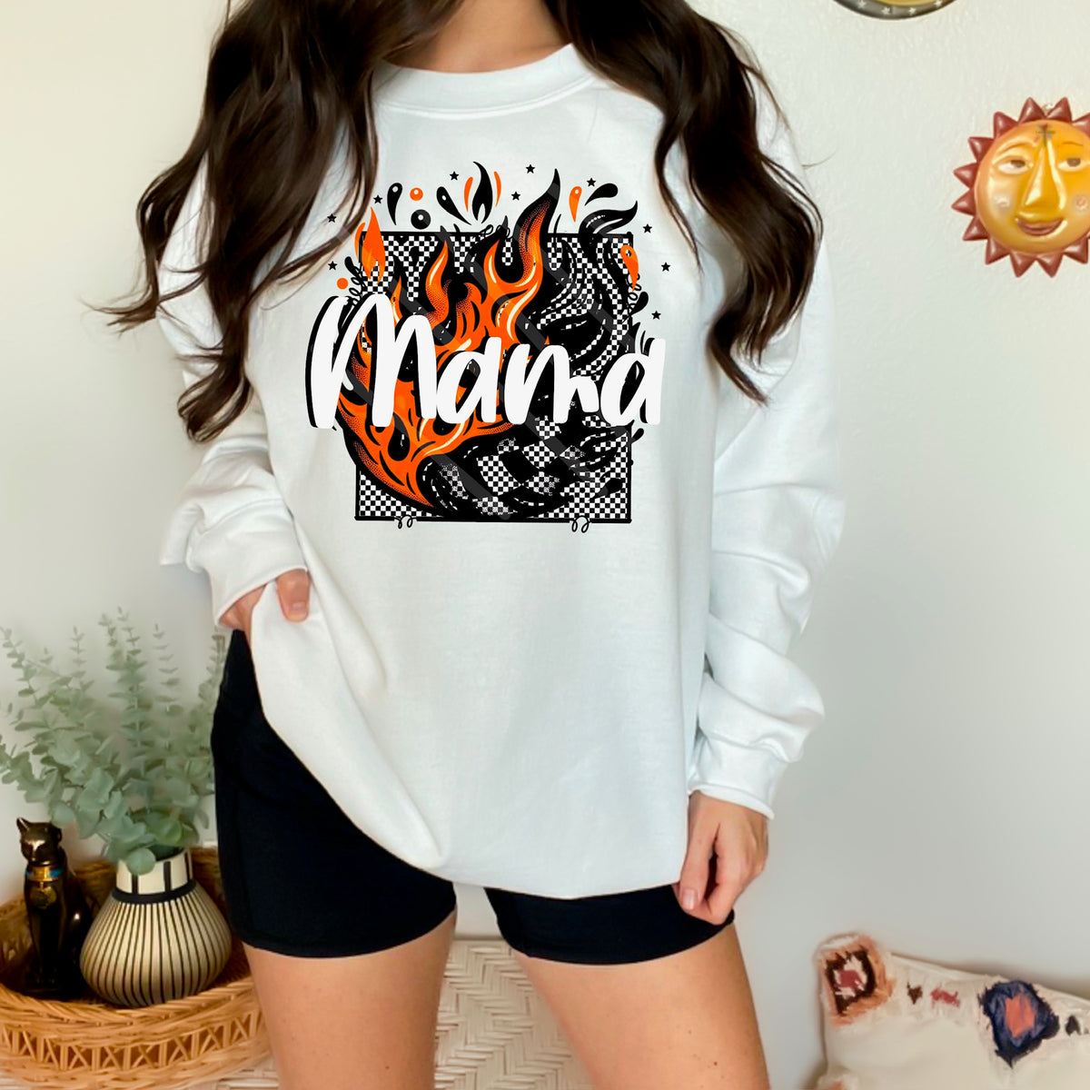 Mama white and black Checker with flames 110691 DTF transfer