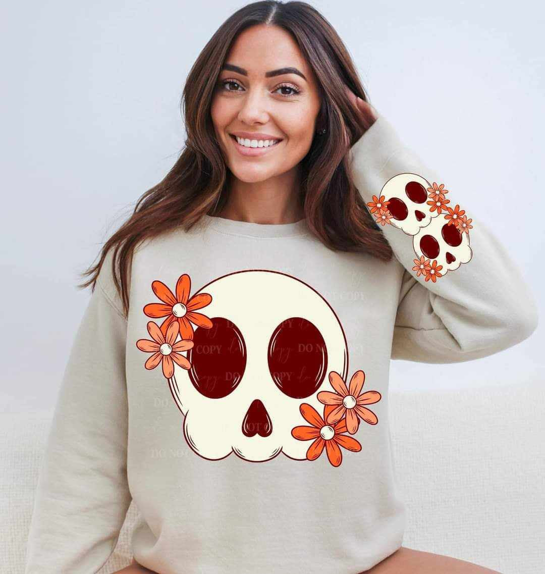 Skull with orange flowers FRONT ONLY (LYTTLE) 67842 DTF transfer