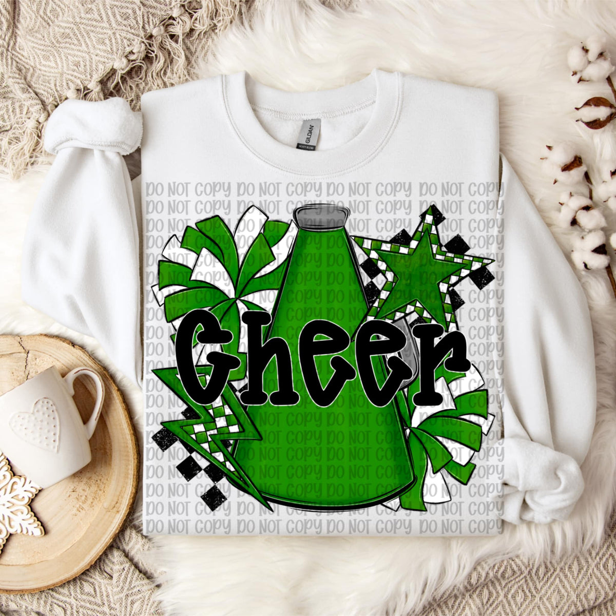 Cheer black words GREEN megaphone and pom poms VP DTF transfer