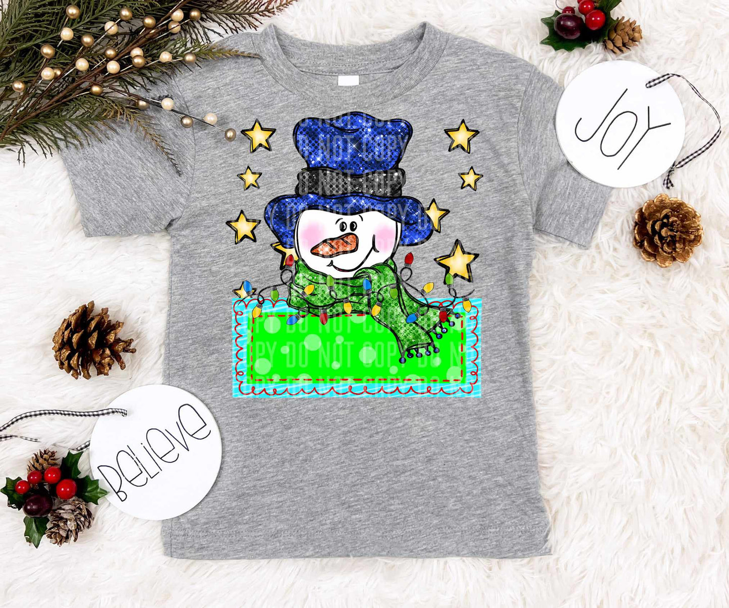 Snowman blue hat and name tag yellow stars (caplinger) 73054 DTF transfer