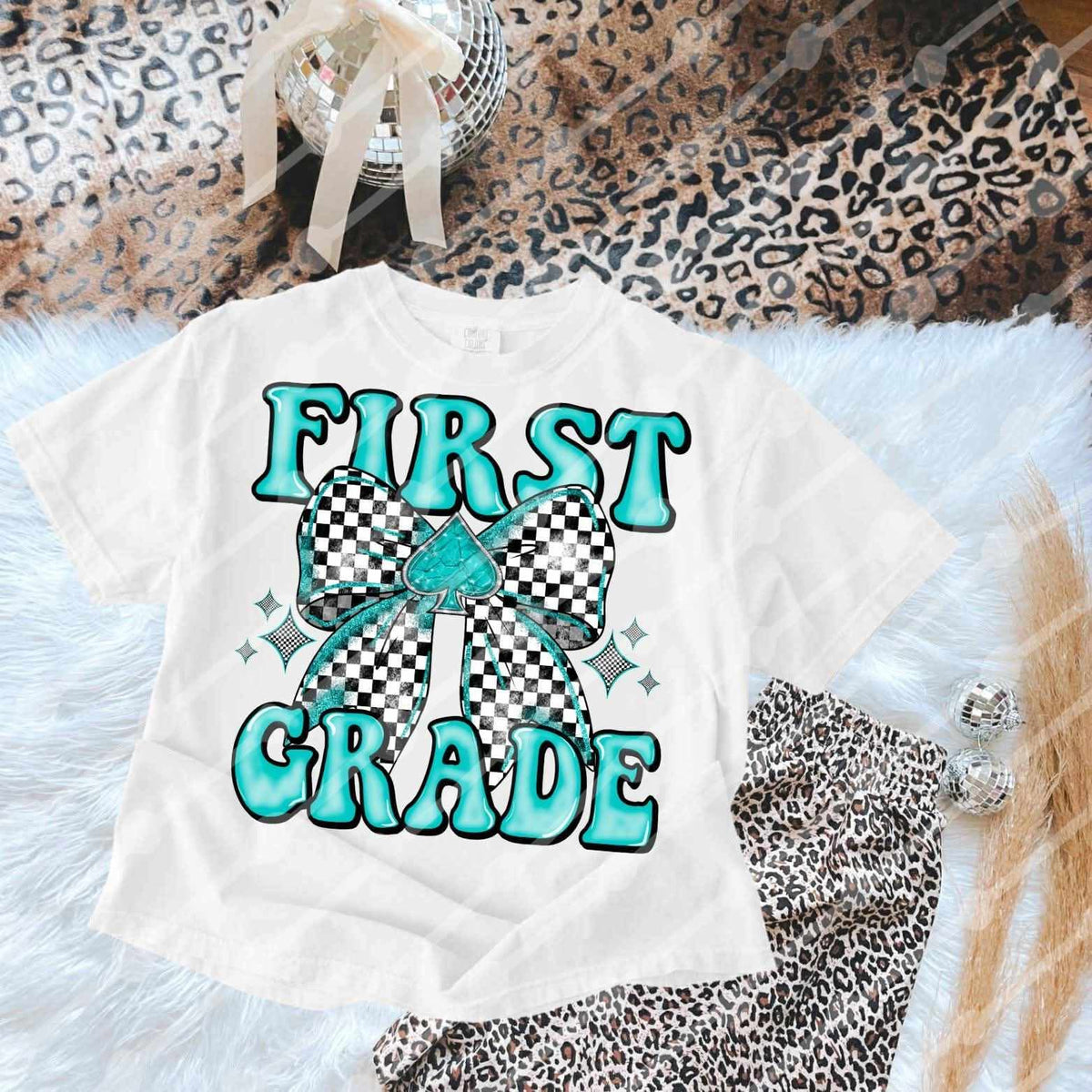First Grade checkered bow blue (JBD) DTF transfer