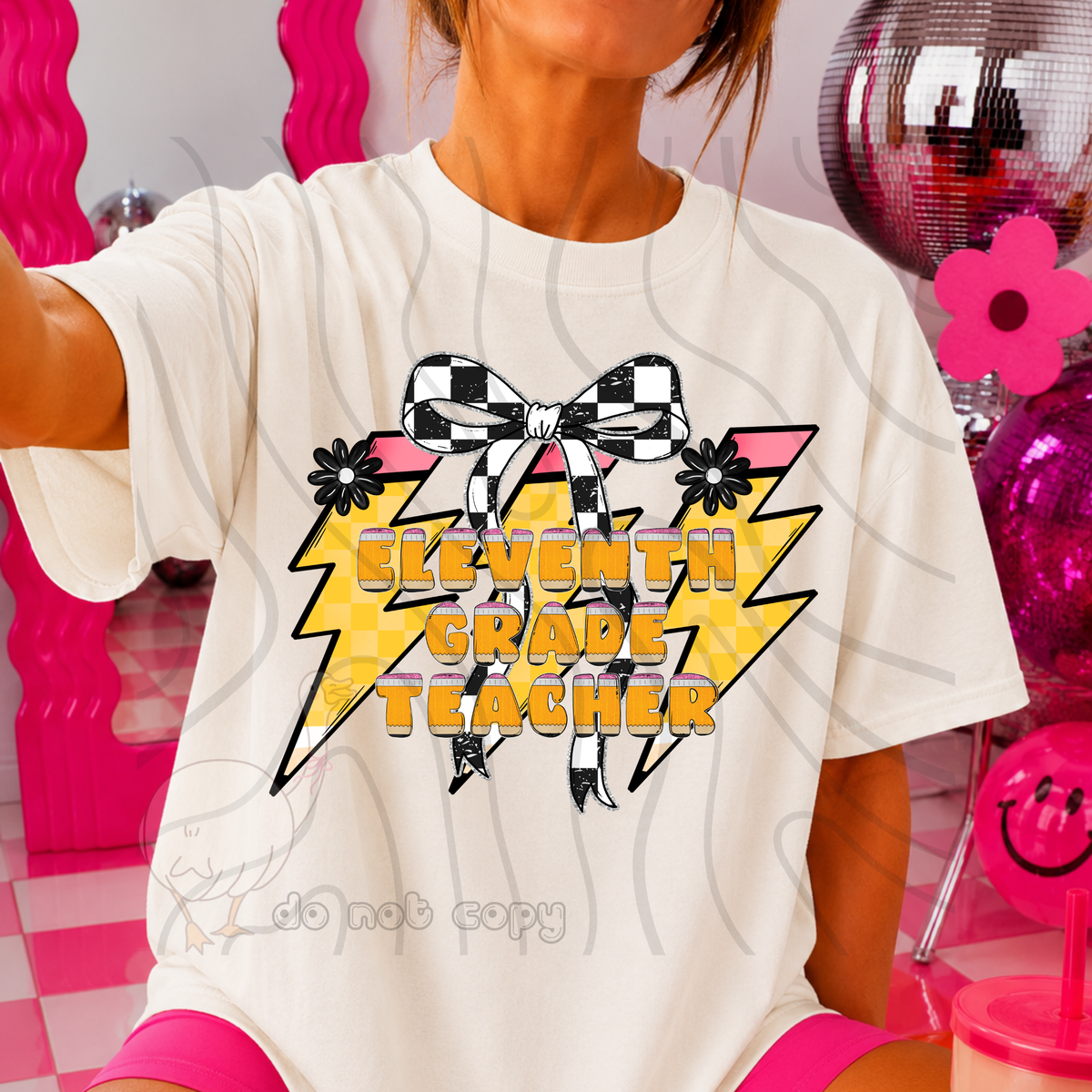 eleventh grade teacher 69 lightening bolt black/white bow occupation (dkdbk) DTF transfer