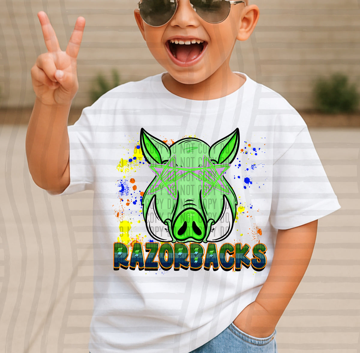 razorbacks paint splatter boy blue green and yellow (Caplinger) DTF Transfer
