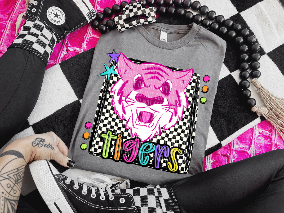 Checkered Preppy Bright Tigers Pink (Caplinger) DTF transfer