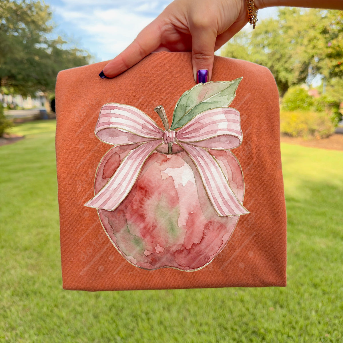 Watercolor apple with stripe bow DTF Transfer