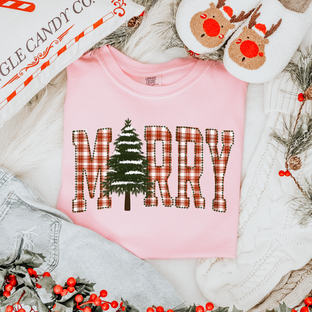 Merry tree with snow plaid lettering Sunday Special DTF transfer