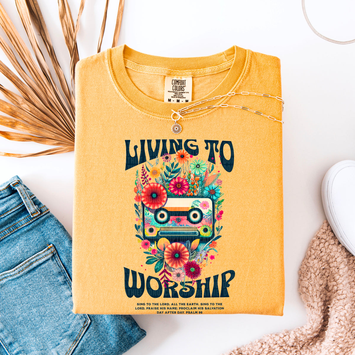 Living to worship cassette black font 95408 DTF transfer