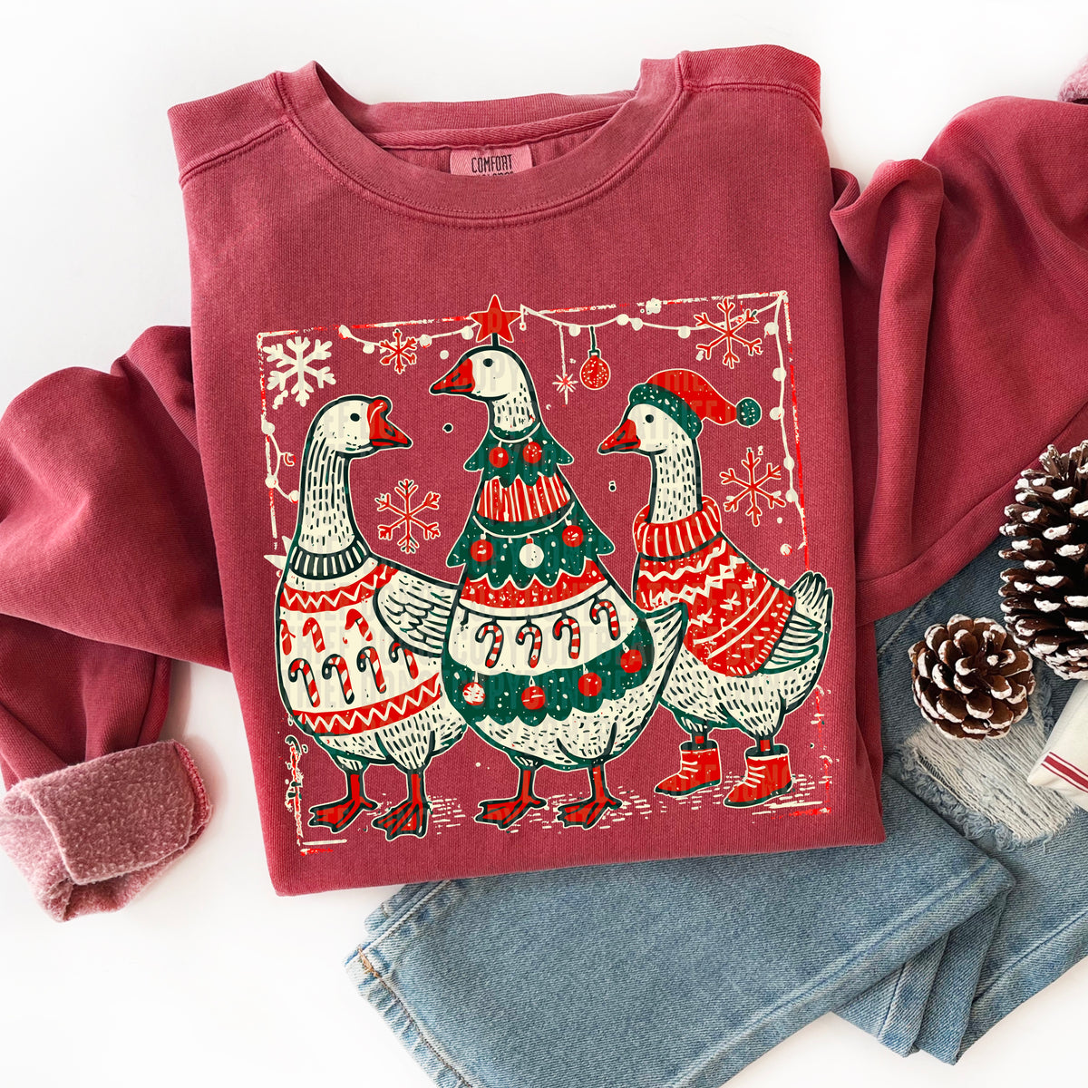 Christmas Geese vintage white frame 113362 DTF transfer