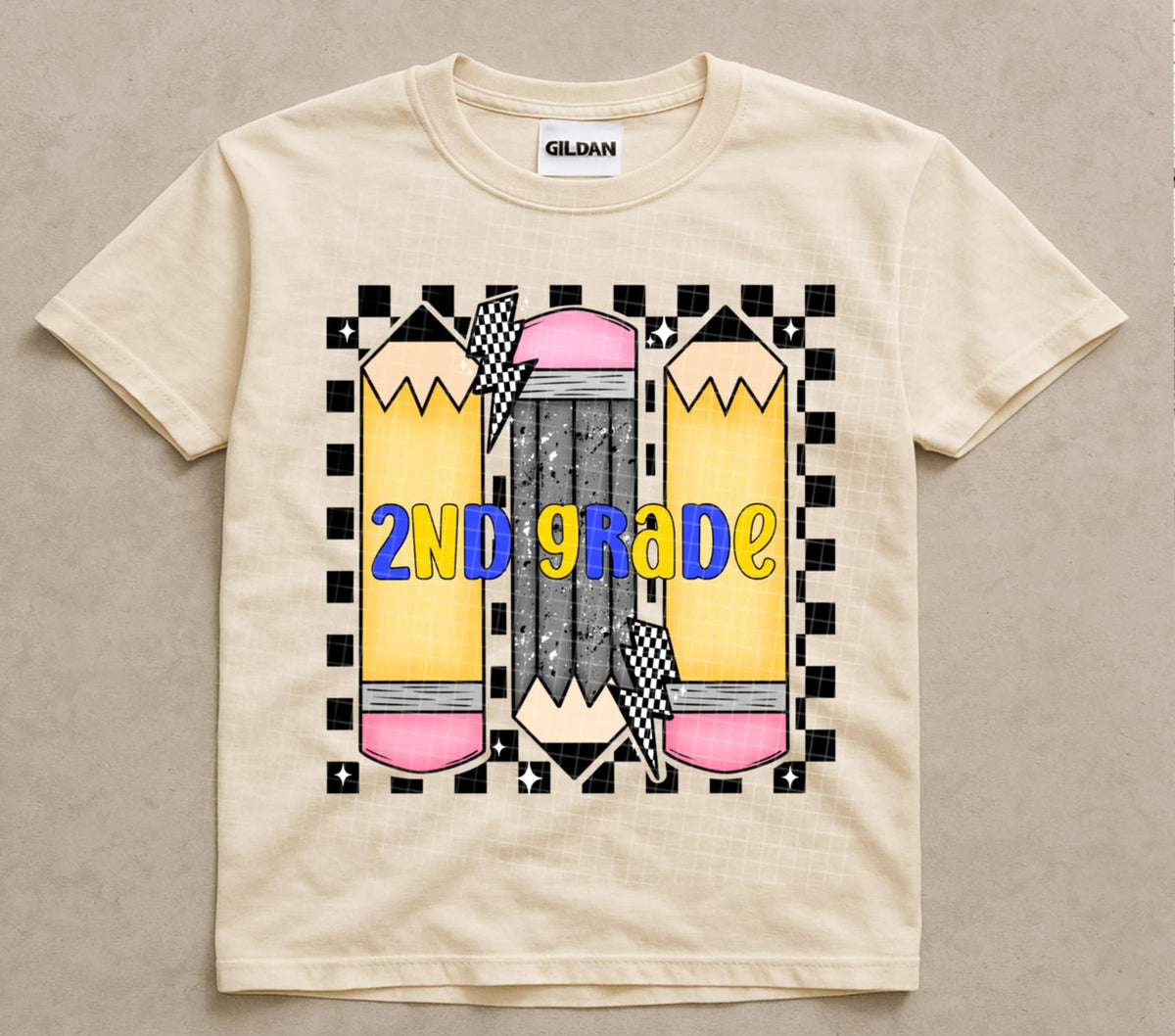 Second Grade Checker & Pencils (blue/yellow) (linda) DTF transfer