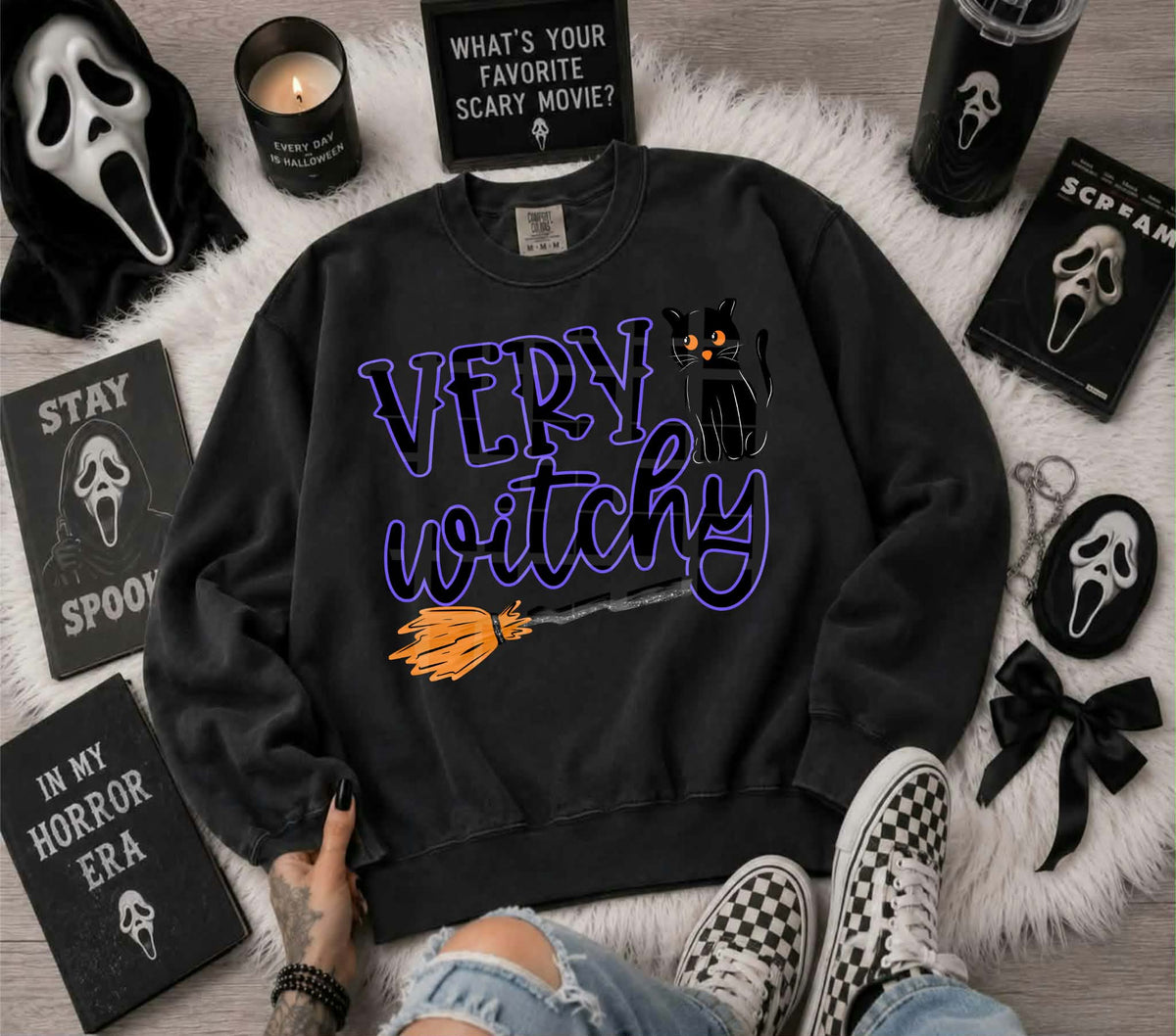 Very witchy purple outline broom and black cat (Linda) DTF Transfer