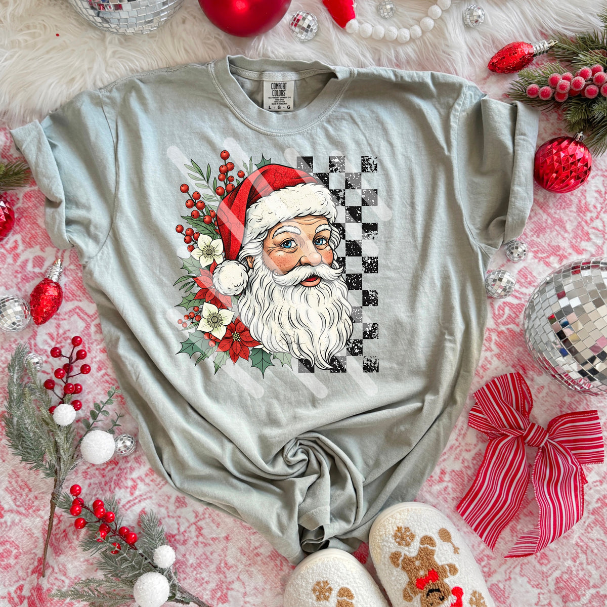 Santa with florals and checker 115102 DTF Transfer