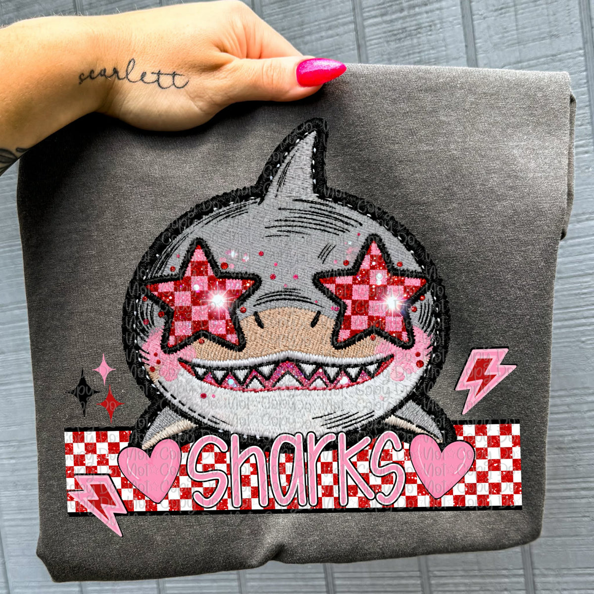 Sharks faux embroidery valentines (virgo) DTF transfer